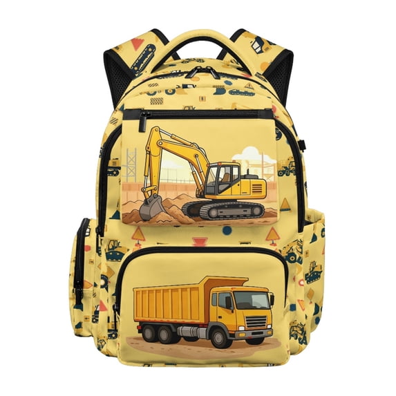 Chririnla Construction Vehicle Print Breathable Padded Shoulder Bookbag with Large Capacity Lightweight School Bag, Multi-Pockets 17-inch Boys Backpack for Middle School College