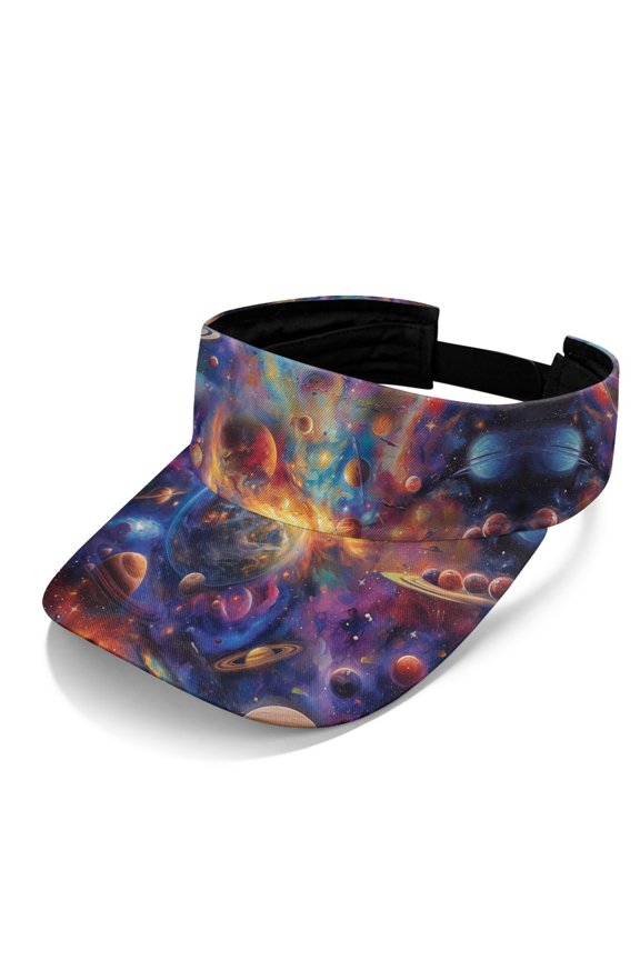 Cosmic Galaxy Planets Pattern Sun Visor Cap, Adjustable Open Top Visor Cap Polyester Fabric Breathable Comfortable Visor Hat for Beach