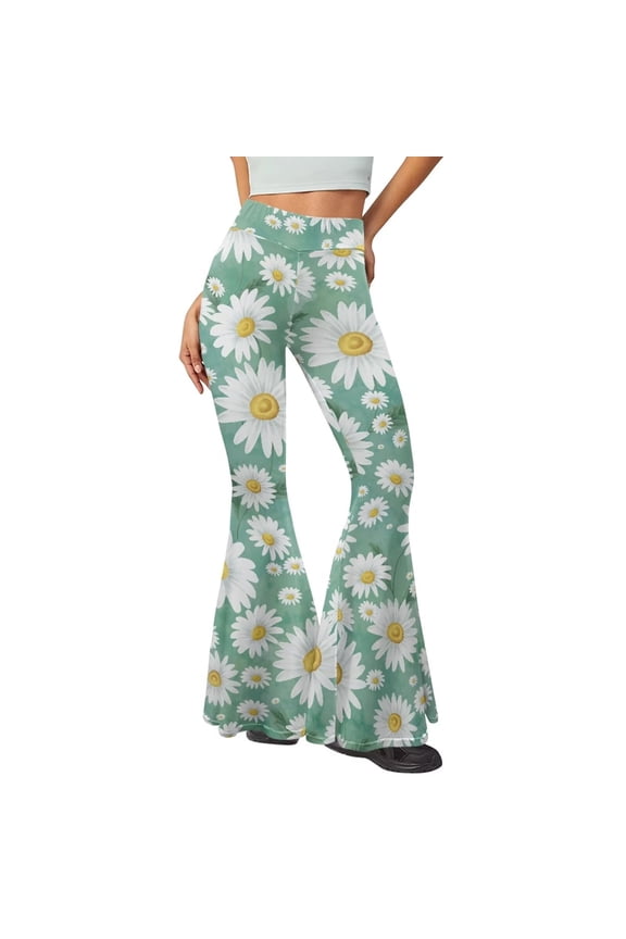 Cottagecore White Daisy Sage Green High Waisted Leggings for Women Buttery Soft Bootcut Stretchy Pants Casual Bell Bottoms Pants for Workout Yoga Running,S