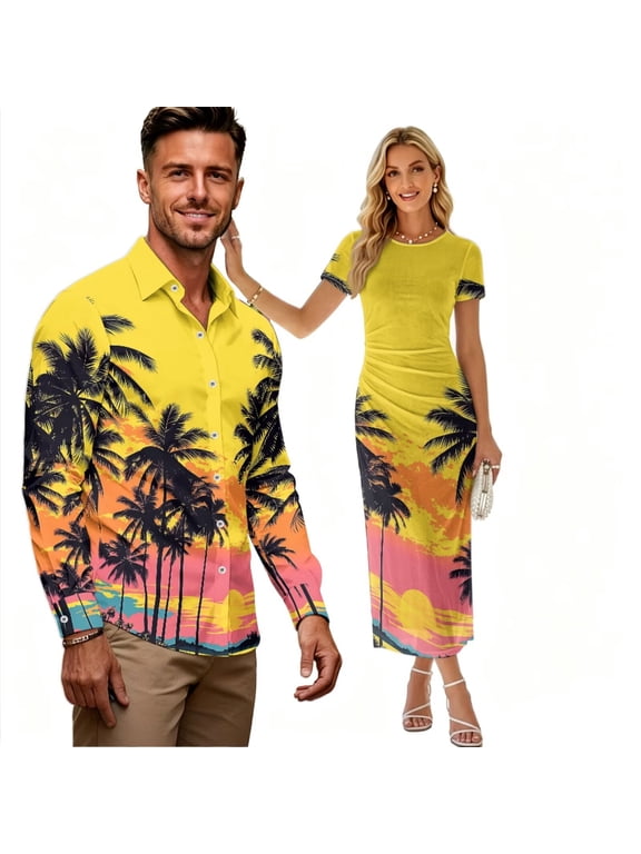 Couples Matching Outfit Tropical Sunset Palm Print Luau Party Outfit for His or Her Vacation Party Bodycon Long Dress Match Mens Hawaiian Shirts for Couple Guest Clothes