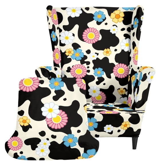 Chririnla Cow Print Floral 2 Pieces Wingback Chair Slipcover, Soft Dustproof Single-Seat Wingback Armchair Covers Spandex Wingback Chair Cover for Living Room Indoor
