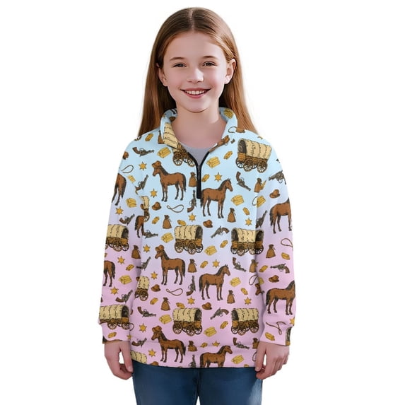 Chririnla CowBoy Theme Horse Girls Yoga Sweatshirt Half Zip Pullover Sweatshirts Lightweight Athletic Comfy Top for Gym Workout Fitness Yoga Size 13-14