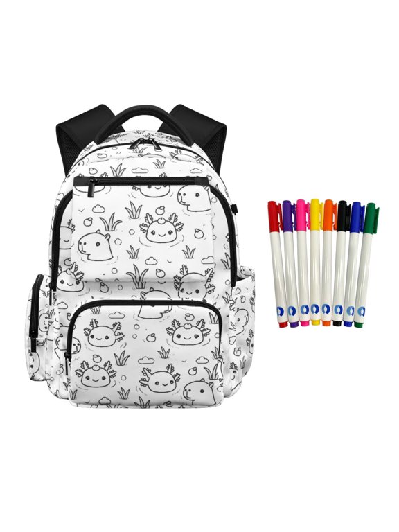 Crafts Coloring Axolotl School Backpacks for Girls Color Your Own Capybara Bookbag with 8 Bright Markers DIY Doodle Schoolbag Back to School Gifts