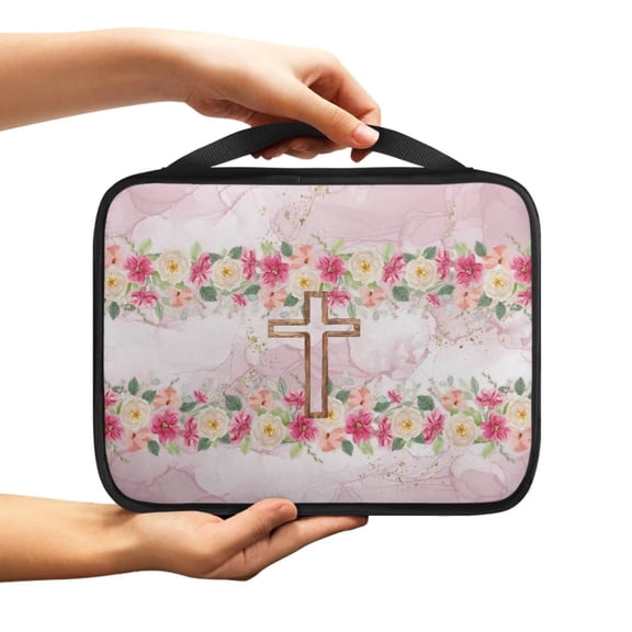 Chririnla Cross Floral Pink Marble Print Bible Cover for Women,Canvas Carrying Book Case Church Bag with Handle
