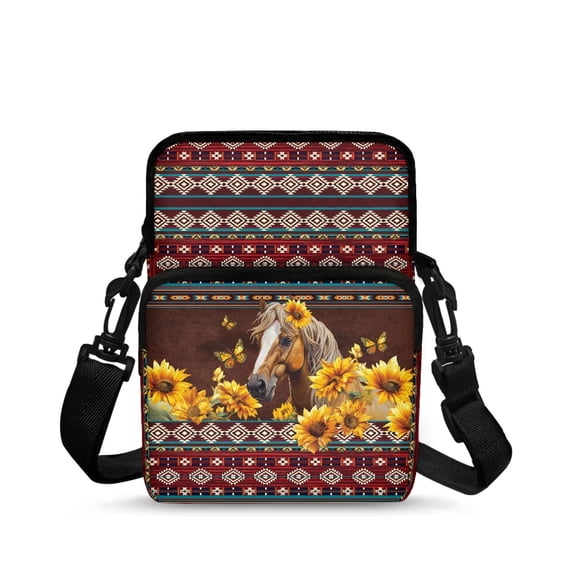 Chririnla Crossbody Purse for Running, Lightweight 2 Layer Crossbody Bags for Women Southwestern Style Horse & Sunflower Print Crossbody Messenger Wallet