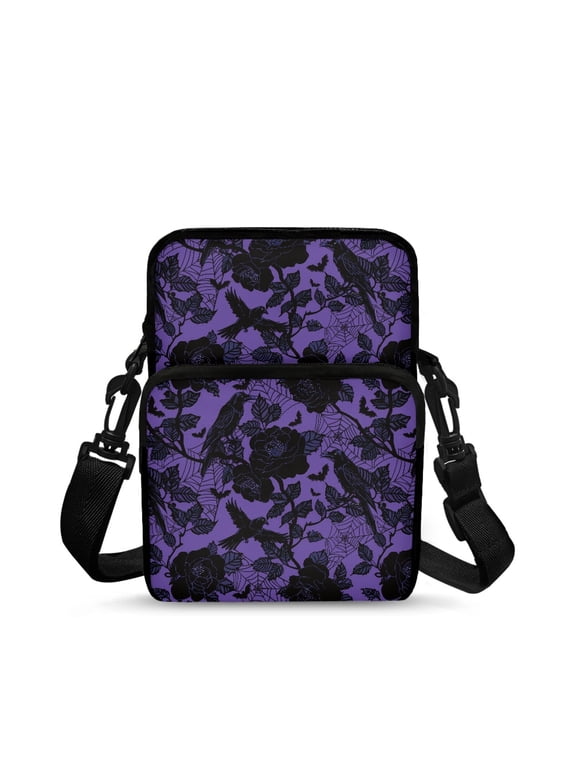 Crossbody Purse for Hiking, Lightweight Portable Crossbody Bag for Women Purple Gothic Crow Pattern Crossbody Bags