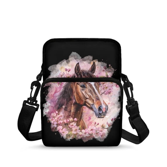 Chririnla Crossbody Purse for Work, Lightweight Double Deck Over Shoulder Wallet for Women Watercolor Horse Floral Pattern Crossbody Bags