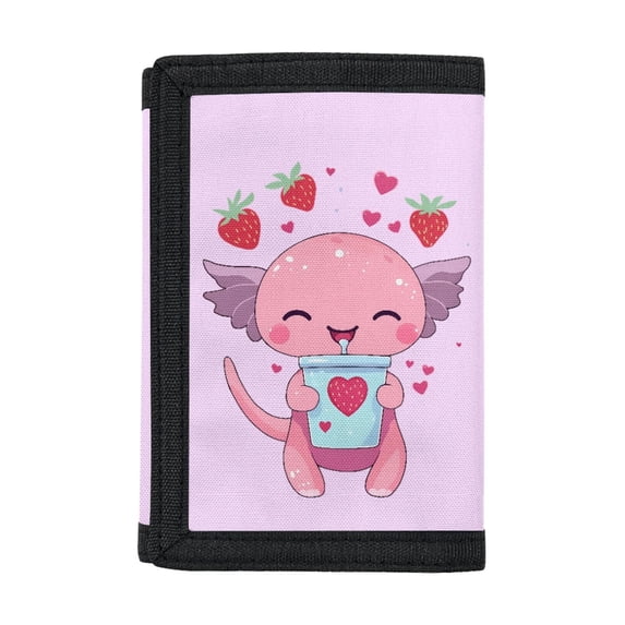 Chririnla Cute Axolotl Strawberry Lightweight Trifold Money Organizer for Daily Use, Polyester Foldable Toddlers Purse for Outdoor Holiday