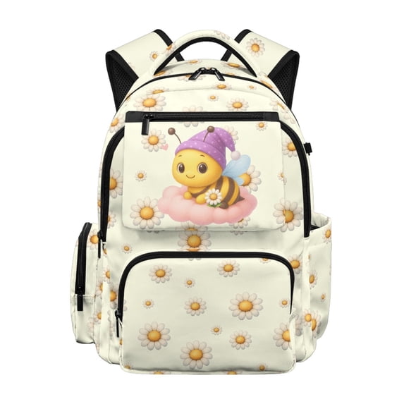 Chririnla Cute Bee Daisy Print Breathable Casual Daypack 17 Inch, Water Repellent Lightweight Multi Pockets Polyester Bookbag for Middle School