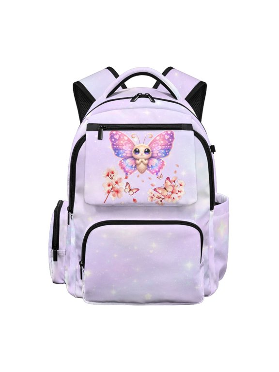 Cute Butterfly Sparkle Pattern School Bag with Water Resistant Multi-Pocket Daypack, Front Pocket 17 Inch Kids Backpack for Hiking Back to School Travel