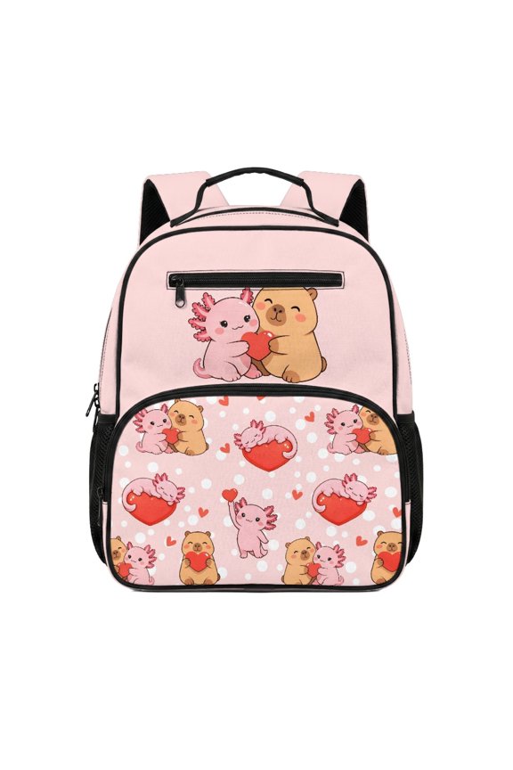 Cute Capybara & Axolotl Heart Pattern Preschool Backpack 13.5 Inch Large Capacity Polyester Preschool Kids Polyester School Bag for Kindergarten Hiking