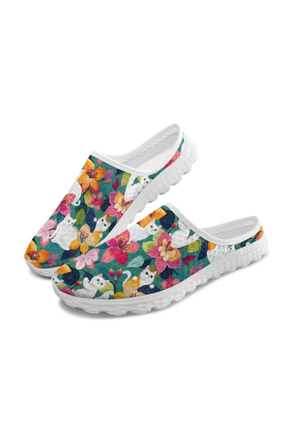 Cute Cat Mules Shoes for Women Ladies Colorful Hibiscus Flower Loafers Slip On Walking Sneaker Pet Kitten Sneaker Comfortable Breathable Beach Sandals Garden Clogs