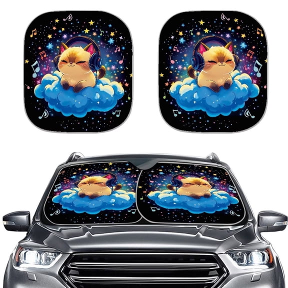 Chririnla Cute Cat Music Car Sunshade Windshield Cover 2 Pieces Set Portable Auto Sun Shade Washable UV Rays Reflector Automotive Interior Accessories Ideal for Summer Vacations Parking