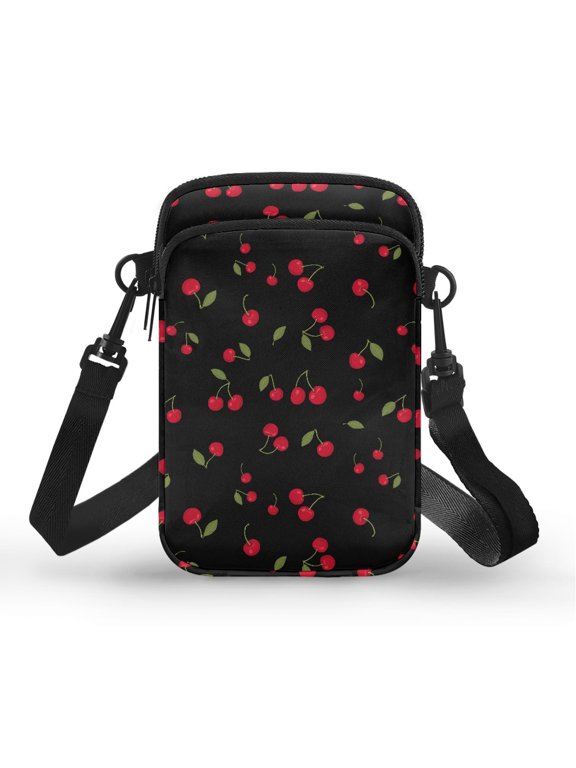Cute Cherry Print Cell Phone Purse, Adjustable Case Strap Cell Phone Purse Wallet Double Layer Crossbody Bag for Travel Shop