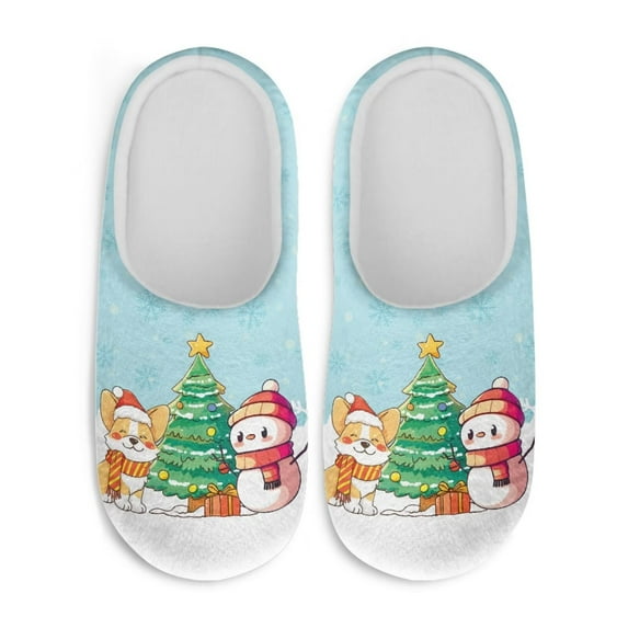 Chririnla Cute Corgi Snowman Christmas Slippers Soft Plush Fuzzy Comfy Non Slip Indoor Outdoor House Shoes Warm Cozy Memory Foam Sole Lightweight Gifts