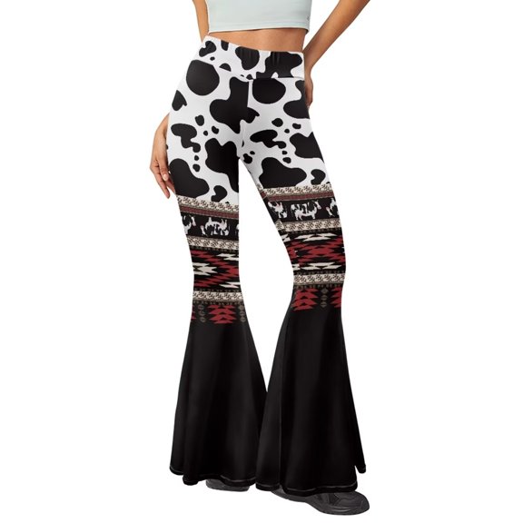 Chririnla Cute Cow Boho Western Aztec Print Women's High Waist Yoga Pants Comfy Soft Buttery Stretchy Tummy Control Leggings Wide Leg Bell Bottoms Pants for Workout Running,S