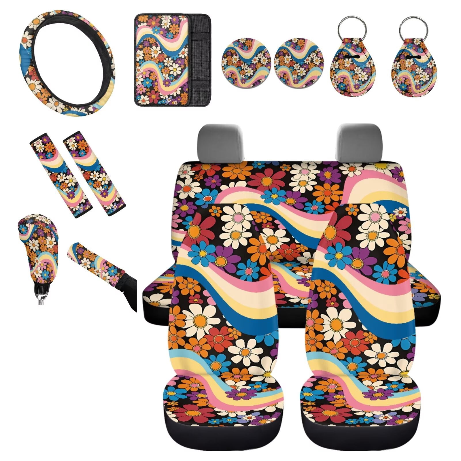 Chririnla Cute Daisy Stripes Car Seat Covers Full Set of 14 Comfortable Car Front and Rear Seats Cushions Sets with Steering Wheel Cover, Seatbelt Strap Pads, Coasters Auto Interior Accessories