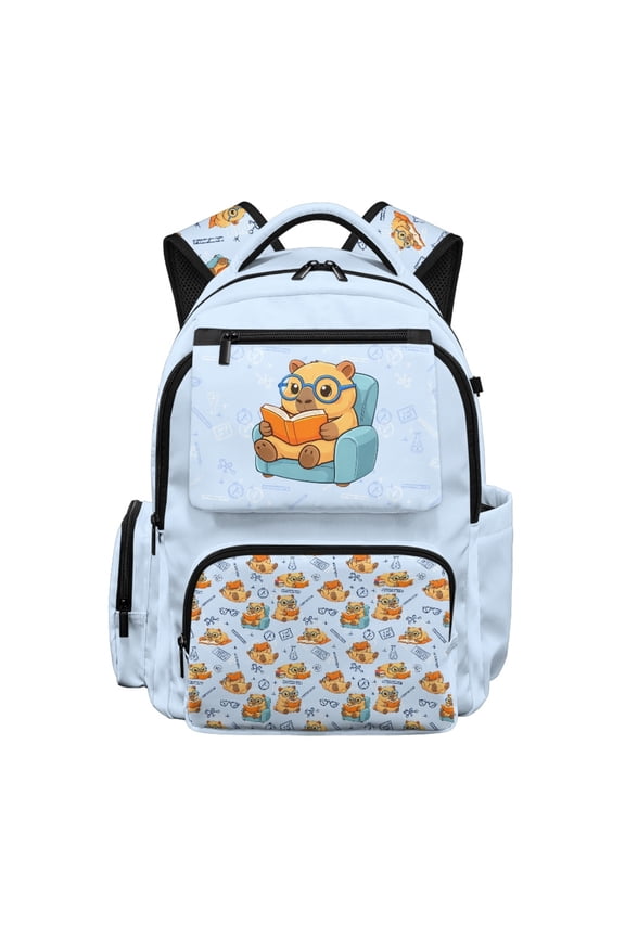 Cute Nerd Capybara Pattern School Bag with Multi-Pocket Portable Bookbag, Breathable 17 Inch Backpack for Preschool Hiking Elementary