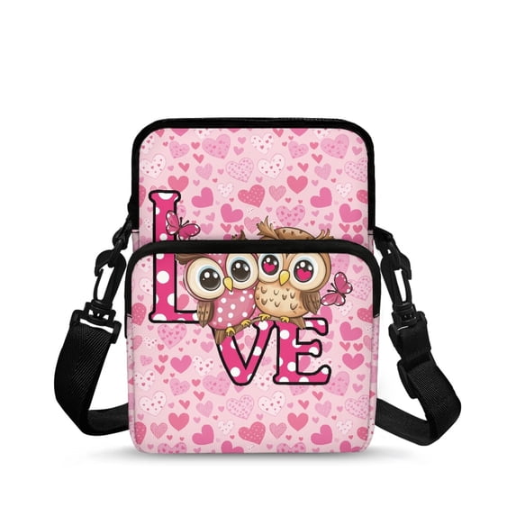 Chririnla Cute Owl Heart Love Print with Pockets Crossbody Wallet, Stretch Polyester Shoulder Pouch Lightweight Crossbody Phone Bag for Shop Shopping