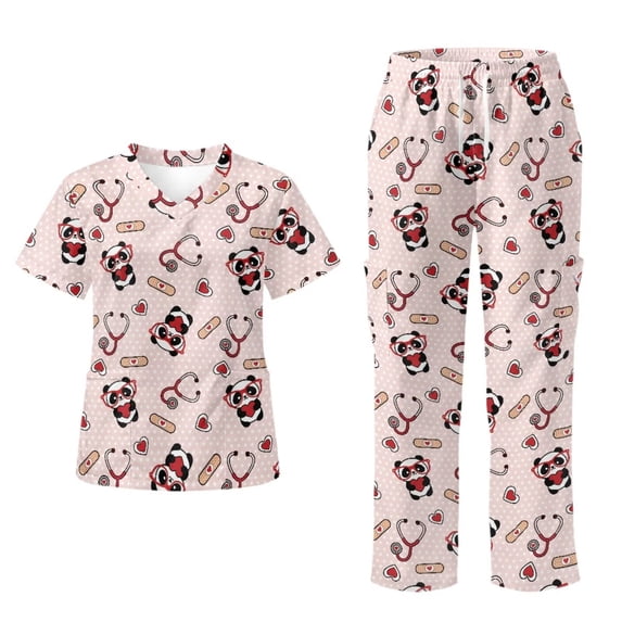 Chririnla Cute Panda Pink Women's Scrubs V-Neck Short Sleeve Top & Straight Leg Pants with Multi Pocket for Nurse Workwear Medical Scrub Uniform Suit for Women
