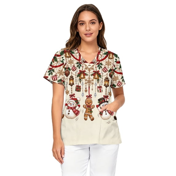 Chririnla Cute Snowman Gingerbread V-Neck Medical Top Scrubs for Women ...