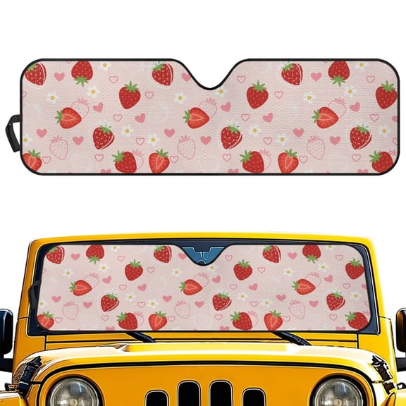 Chririnla Cute Strawberry Windshield Sun Shade for Wrangler, Car Sunshade Front Windshield for 2007-2024 Wrangler Rubicon Sahara TJ JK JKU 2 & 4 Door, Sun Visor for UV and Heat