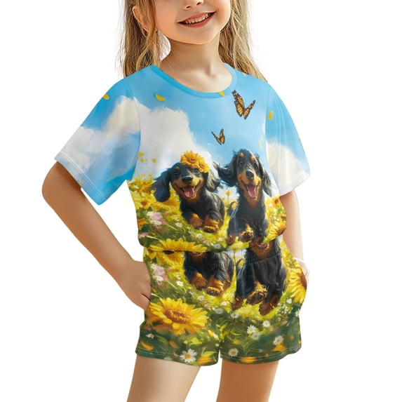 Chririnla Cute Summer Kids Two-Piece Set featuring Dachshund Sunflower - Breathable Casual Wear for Outdoor Play