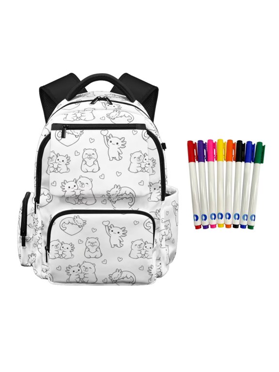 DIY Coloring Axolotl Backpack for Girls 6-8 8-10 Color Your Own Capybara School Bag Personalized Doodle Bookbag with 8 Markers,Creative Painting Gifts