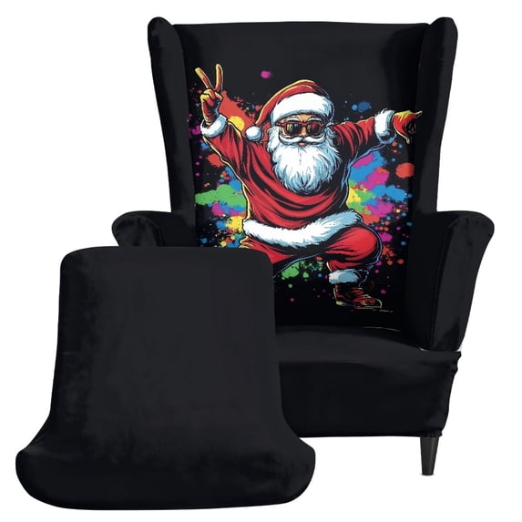 Chririnla Dancing Santa Print 2 Piece Wingback Chair Cover, Elastic Bottom Fitted Single-Seat Wingback Armchair Covers Polyester Fabric Wingback Chair Slipcover for Bedroom Living Room