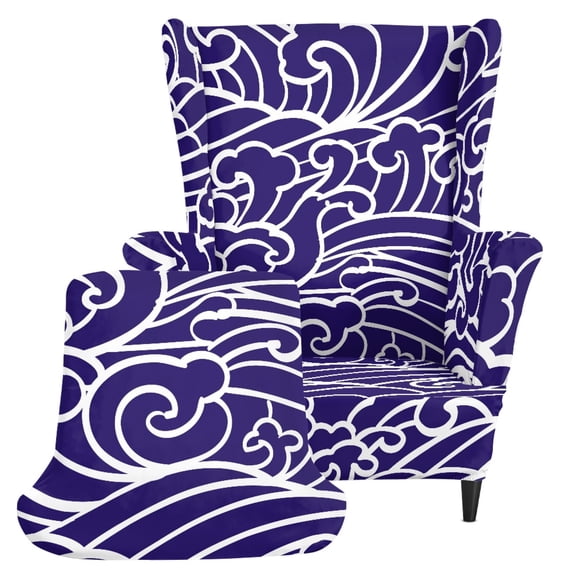 Chririnla Dark Blue Wave 2 Piece Wingback Chair Slipcover, Stretch Removable Elastic Polyester Armchair Covers for Home Living Room