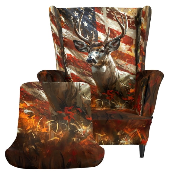 Chririnla Deer American Flag Camo 2 Piece Armchair Slipcovers, Machine Washable Stretch Wingback Chair Covers Polyester Fabric Single-Seat Wingback Armchair Covers for Hotel Bedroom