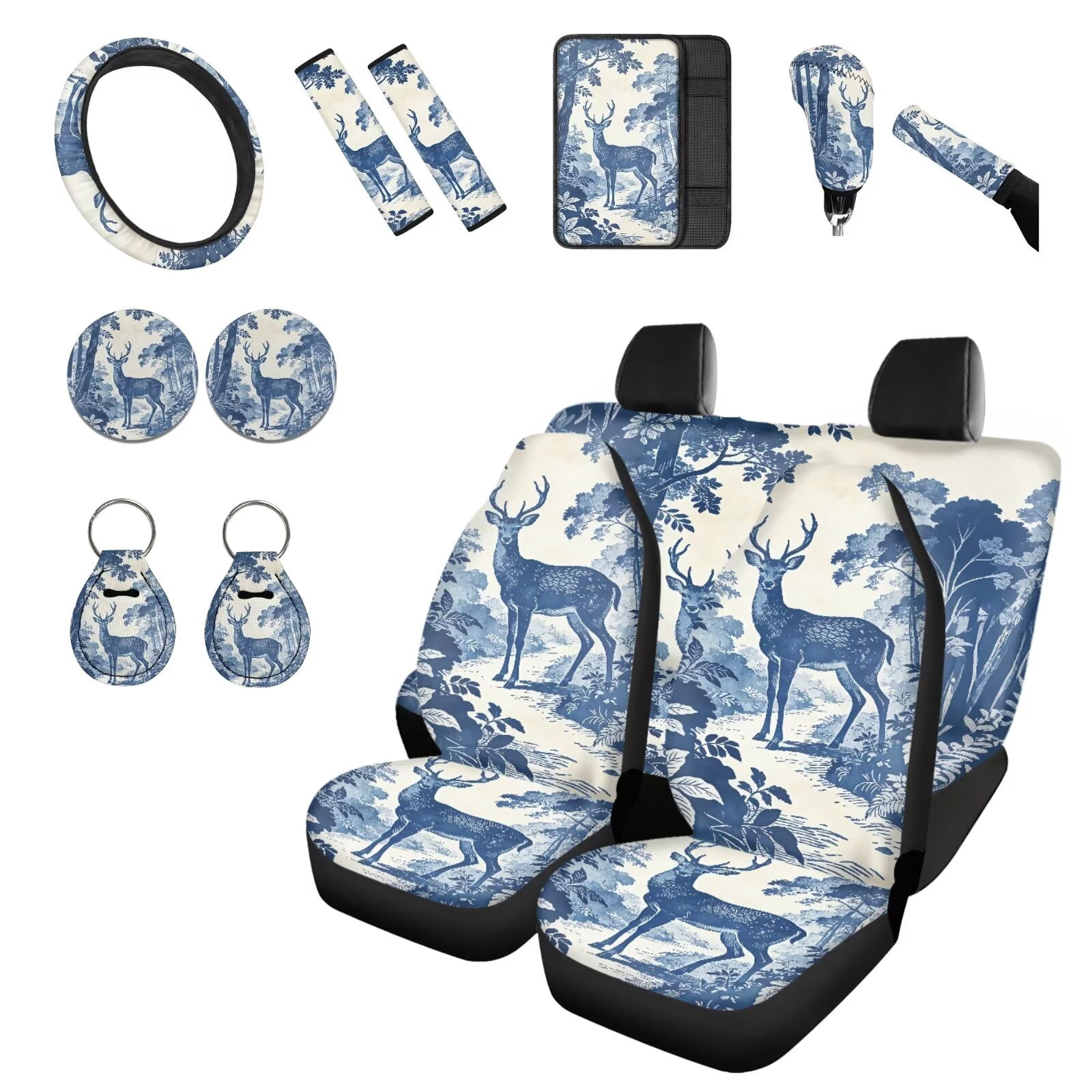Chririnla Deer Tree Car Accessories Full Set Pack of 14 Breathable Car Front Back Seats Covers Sets with Gear Shift Pad, Shoulder Pads, Steering Wheel Cover, Auto Interior Essentials