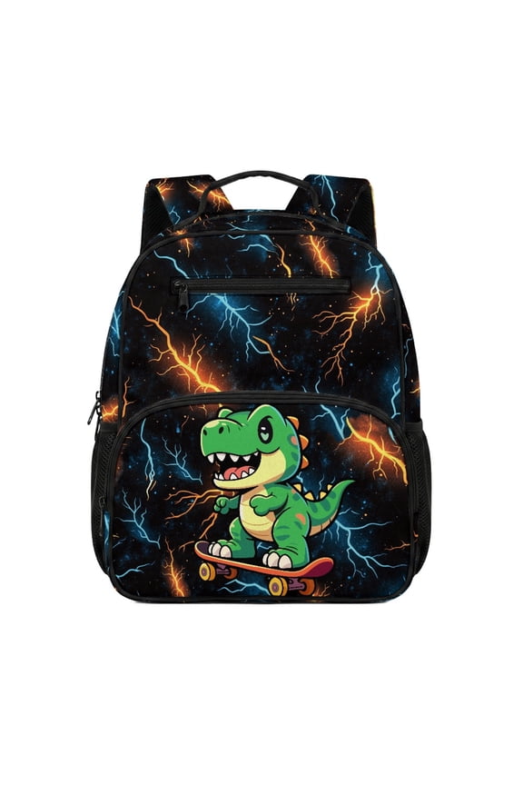Dinosaur Neon Lightning Bolt Pattern 2 Front Pockets Toddler Backpack for School Activities, Anti Wear Preschool Kids Polyester School Bag
