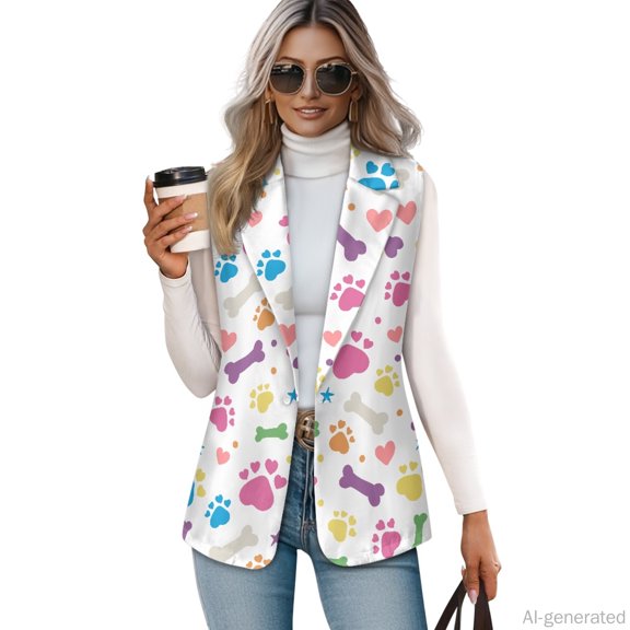 Chririnla Dog Paw Print Pattern, Lightweight Button Down Sleeveless Collared Waistcoat Wrinkle Resistant Women's Sleeveless Waistcoat Vest for Work Summer Spring