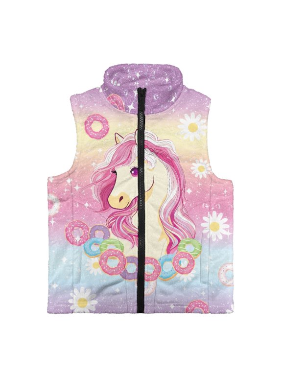 Donut Pony Pattern Sleeveless Fleece Jacket Lightweight with With Pockets Polyester Kids Zip Up Vest for Fall Everyday Wear