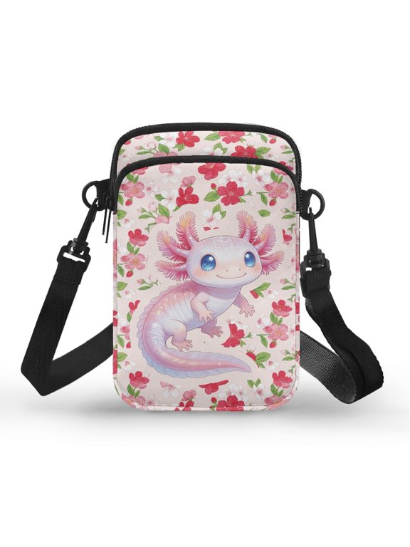 Double Deck Crossbody Bag for Yoga Shop, Polyester with Zipper Closed Cross Body Bag, Axolotl Cherry Blossom Pattern
