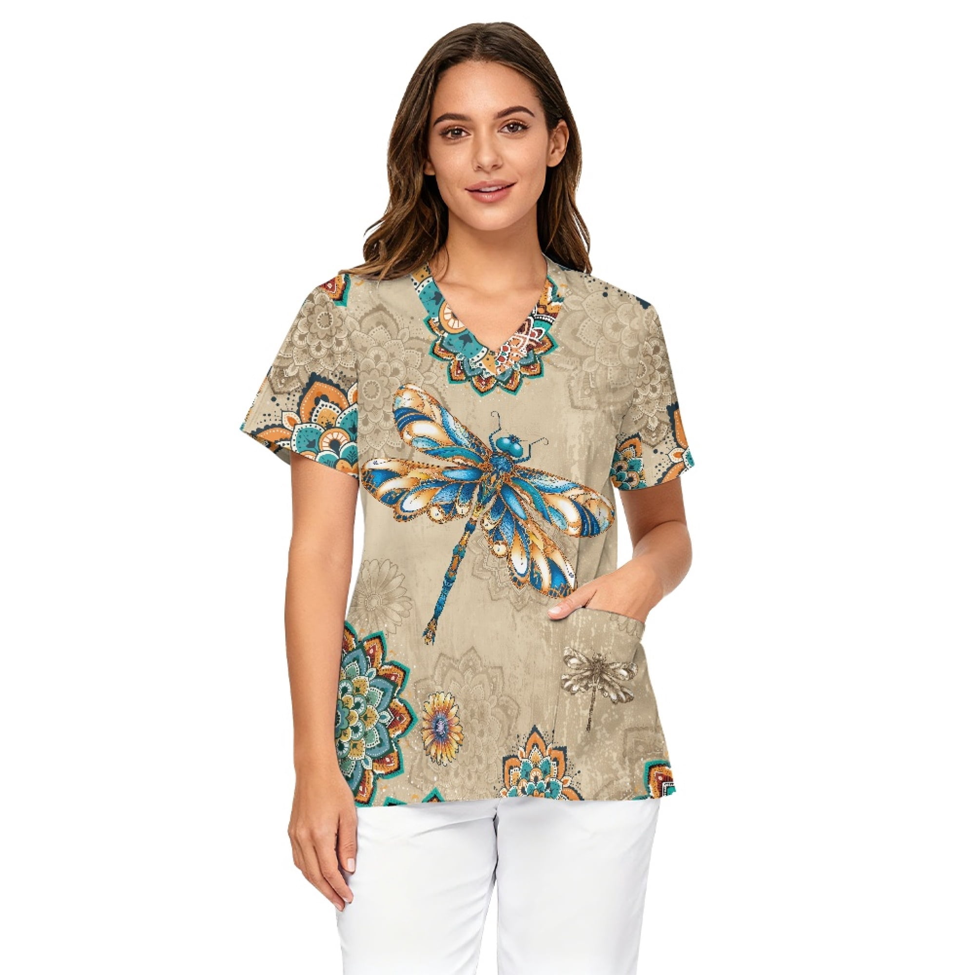 Scrub Customes Chririnla Dragonfly Boho Mandala Print Scrub Tops for Women, V-Neck ...