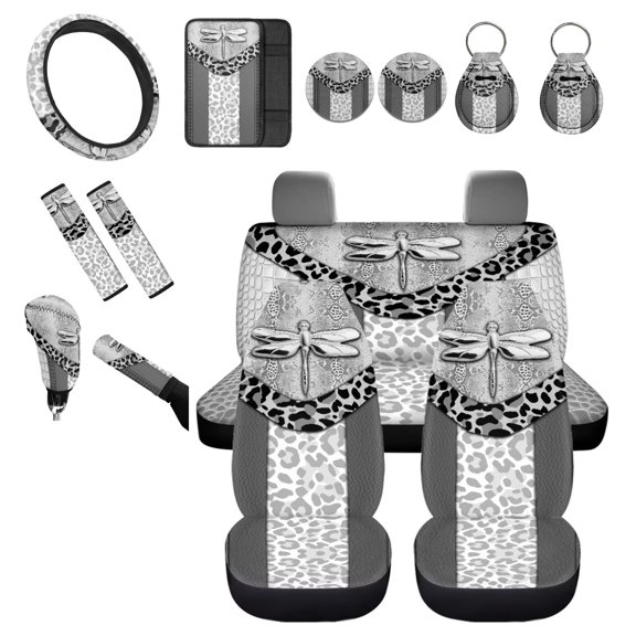 Chririnla Dragonfly Leopard Car Accessories Full Set 14 Pieces Dustproof Automobile Front Rear Seats Covers Sets with Coasters, Keychain, Gear Shift Pad Vehicle Interior Decorations