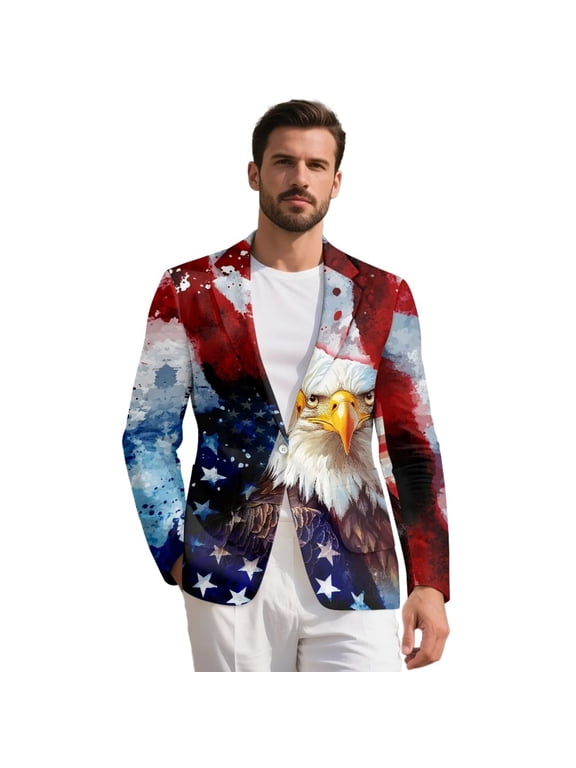 Eagle American Flag Blazers for Men One Button Suit Jacket Regular Fit Notched Lapel Sport Coat Patriotic Independence Day Blazer Jackets