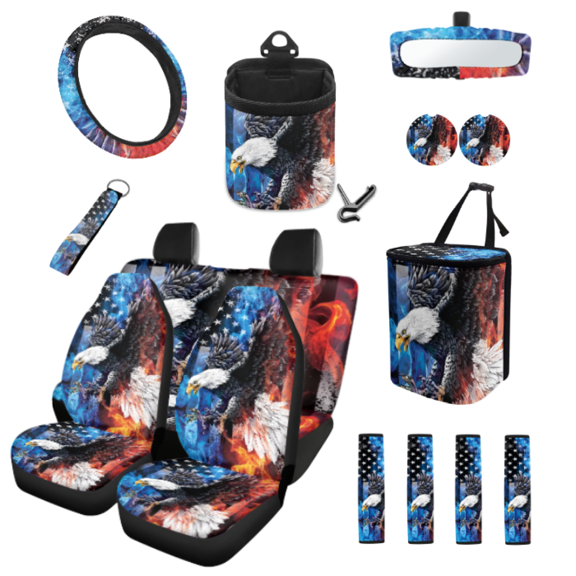 Chririnla Eagle American Flag Pattern Car Seat Cover Protector Set, with Car Seat Covers Car Seatbelt Cover Car Coasters Car Organizer Bag Car Side Mirror Cover