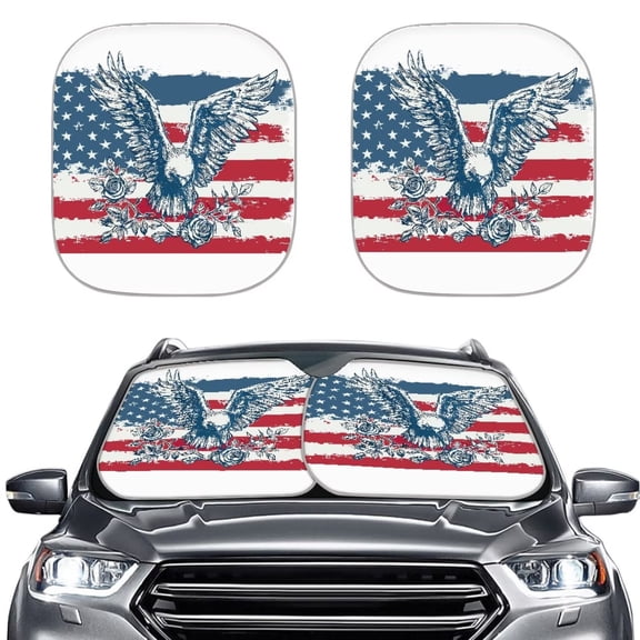 Chririnla Eagle Flag Rose Car Front Window Sunshade 2 Pack USA Anniversary Patriotic Foldable Auto Sun Visor Cover Vehicle Interior Heat Shield Protection Universal Fit for Sedan Truck SUVs