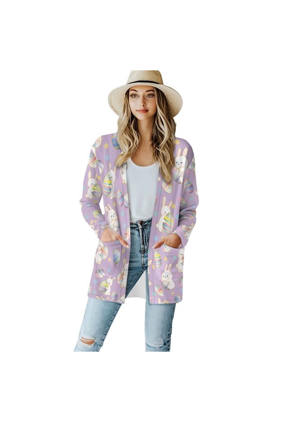 Easter Purple Rabbit Eggs Open Front Cardigan Casual Long Sleeve Loose Cardigans with Pockets V Neck Drape Fall Cardigan Sweaters Flowing Jackets Outerwear Dressy Coat Tops Plus Size
