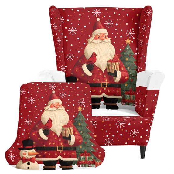 Chririnla Elastic Polyester 2 Piece Wingback Chair Slipcover for Living Room, Non Slip Stain Resistant Wingback Chair Cover, Santa Snowman Christmas Print