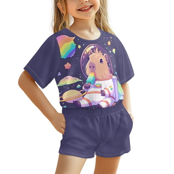 Chririnla Elastic Waist Kids Outfit 3-16 Years Crew Neck Design Pocketed Children Clothing Set, Astronaut Capybara Theme