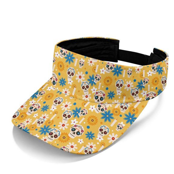 Chririnla Empty Crown Polyester Fabric Visor Hat for Beach Lightweight Adjustable Sun Protection Empty Top Sun Visor Hat, Day of the Dead Sugar Skulls