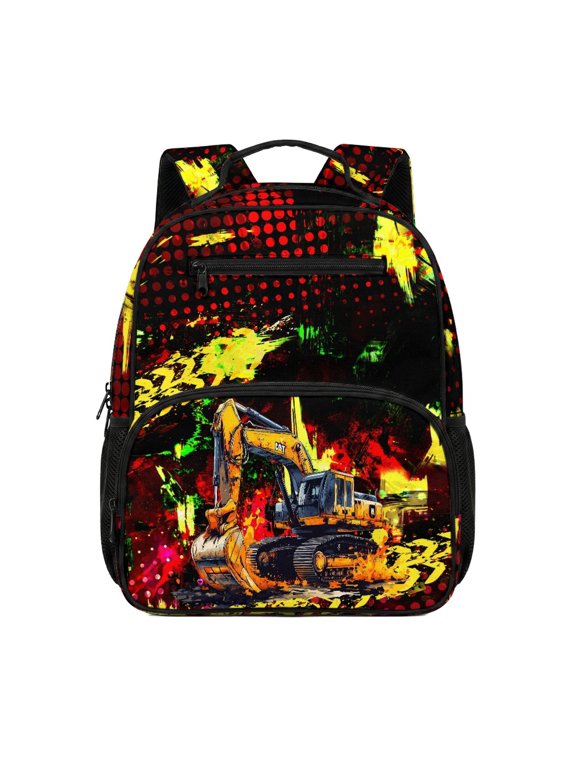 Excavator Grunge Print Toddler Backpack Polyester Portable 2 Front Pockets Preschool Toddler Backpack for Girls