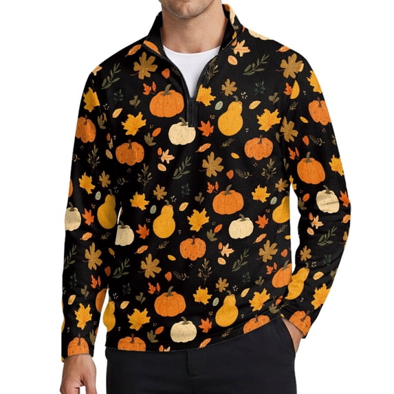 Chririnla Fall Leaves Pumpkin Men's Polo Shirts Long Sleeve Fashion Polos Tee Shirt Classic Basic Work Collared Shirt 2XL