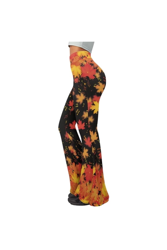Fall Maple Leaves Music Note Print Flare Leggings for Teachers Musical Lovers Gifts High Waisted Tummy Control Holiday Party Yoga Pants Bootcut Wide Leg Bell Bottoms,2XL
