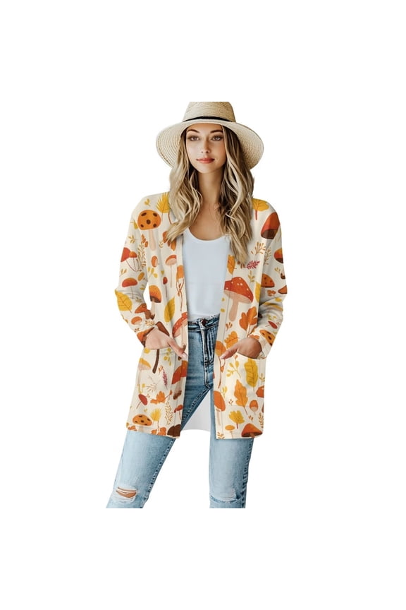 Fall Mushroom Women's Cardigan Casual Lightweight Long Sleeve Drape Open Front Loose Fall Cardigans Dusters Flowy Long Tops for Girls with Pockets