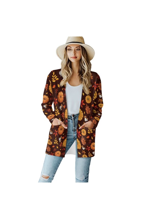 Fall Pumpkins Cardigans for Women Soft Drape Front Open Cardigans Maple Leaves Lightweight Long Sleeve Cardigan Slit Hem Sweater Outwear Loose Jacket Coat Long Tops